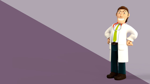 Cartoon 3d doctor with a stethoscope proud and smiling with hands on his hips on a purple diagonal splitted background 3d rendering