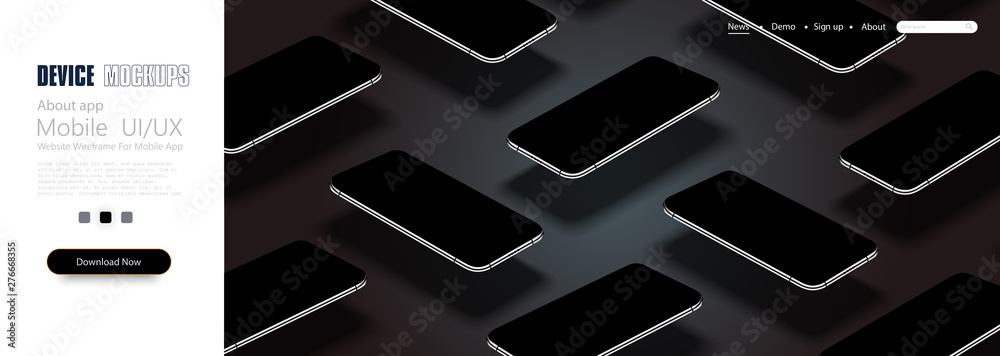 Poster set of modern frameless smartphones isolated on white background. side and top and isometric view. m