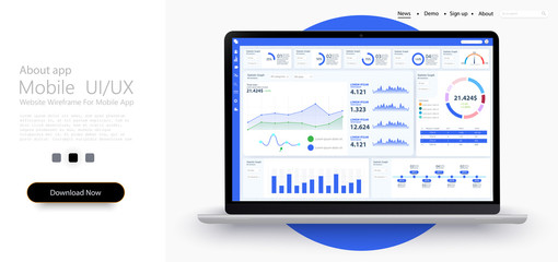 	 Dashboard, great design for any site purposes. Business infographic template. Vector flat illustration. Big data concept Dashboard user admin panel template design. Analytics admin dashboard. Blue.