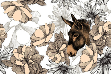 Donkey with roses, seamless, floral pattern. Hand-drawn, vector illustration. - 276668375