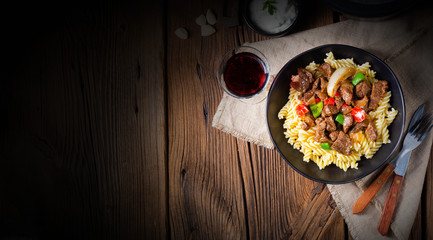 Fussili noodle with klaschise spicy goulash and paprika