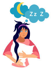 Insomnia. Girl isolated on a white background with a pillow on his hand. In minimalist style Cartoon flat vector