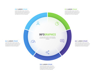 Pie chart infographic template divided by five parts. Vector illustration