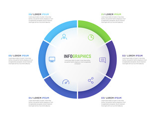 Pie chart infographic template divided by six parts. Vector illustration