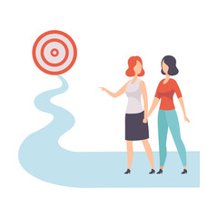 Businesswomen Walking to Path Towards to Target, Achievement of Goal Vector Illustration