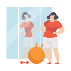 Narcissistic Woman Character Looking at Mirror and Seeing in Reflection Slim Beautiful Woman, Girl Overestimate Herself, Self Confidence, Motivation Vector Illustration