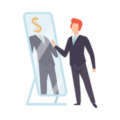 Narcissistic Man Character Looking at Mirror and Seeing Rich Successfull Man, Person Overestimate Himself, Self Confidence, Motivation Vector Illustration