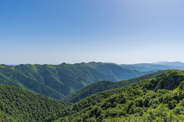Scenic view of sunrise in the mountain. Landscape with copy space for text on sky.