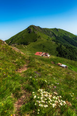 Eho hut located in Central Balkan national park in Old mountain, Bulgaria in hot summer day