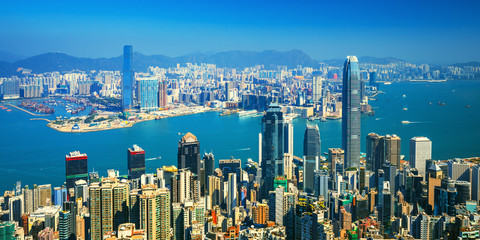 Fototapeta na wymiar Panoramatic view on Hong Kong city skyline from the Victoria peak, China