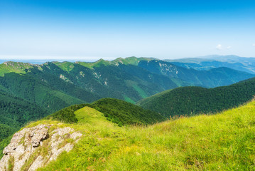 Panoramic morning scene, beauty summer mountain landscape, attractive view of green forest valley