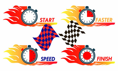 Stopwatch with flame. Word - start, speed, faster. starting flags.