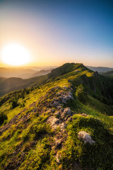 Mountain valley during sunrise. Natural summer landscape