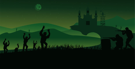 Naklejka na ściany i meble flat green mountain landscape with zombies try to attack the city and the soldiers are fighting, flat vector illustration.