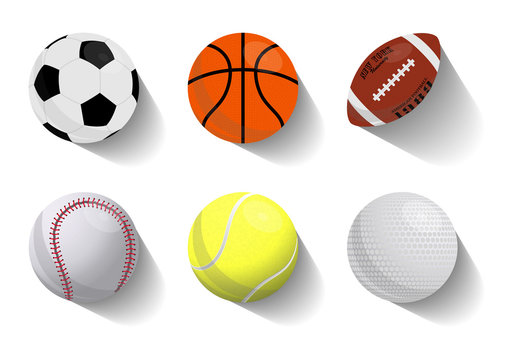 Colorful vector set of flying sport balls icons basketball, football, american football, baseball, tennis, golf. Flat style. Eps 10