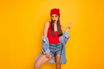 Close up photo of beautiful lady bright lips nice pretty colorful look v-sign symbol send air kiss wear sun specs red body tank-top denim shorts blazer