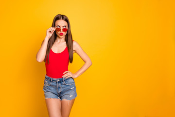 Close up photo of amazing beautiful lady have doubts think over important decision wear specs jeans denim shorts red body tank-top