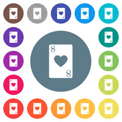Eight of hearts card flat white icons on round color backgrounds