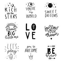 Stylish children phrases, hand drawn lettering with cute details and texture cards set. Black and white quote for nursery room collection. Vector illustrations bundle. Eps 10