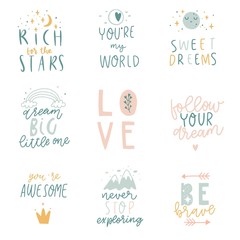 Big kids collection of fun phrases with simple cartoon illustration and lettering in scandinavian style. Bright vector illustration. Perfect for nursery design