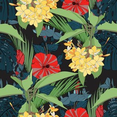 Obrazy na Szkle  Wzór natura. Ręcznie rysowane tropikalny lato tło: liście monstera i palm, plumeria i czerwone kwiaty hibiskusa. Czarne tło.