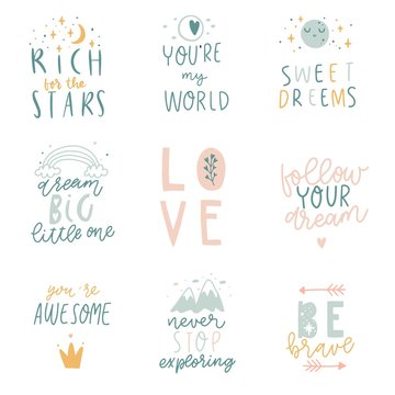 Big kids collection of fun phrases with simple cartoon illustration and lettering in scandinavian style. Bright vector illustration. Perfect for nursery design