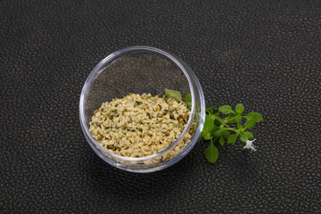 Peeled hemp seeds in the bowl