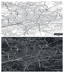 Aerial top view city map Frankfurt, black and white detailed plan, urban grid in perspective, vector illustration