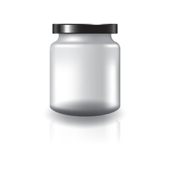 Blank clear round jar with black lid for supplements or food product. Isolated on white background with reflection shadow. Ready to use for package design. Vector illustration.