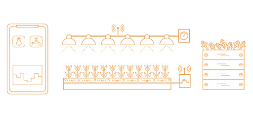 Smart farm and agriculture. Monitoring and control of temperature, humidity, light level. Cultivation of plants. New technologies. High yield.