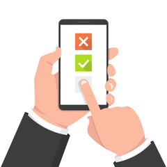 Check list button on smartphone screen. One hand holds smartphone and finger touch screen. Vector illustration.