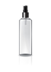 Clear square cosmetic bottle with spray head and black ring for beauty or healthy product. Isolated on white background with reflection shadow. Ready to use for package design. Vector illustration.