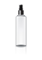 White square cosmetic bottle with spray head and black ring for beauty or healthy product. Isolated on white background with reflection shadow. Ready to use for package design. Vector illustration.