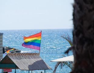Pride flag. The beach of Tel Aviv, Israel.