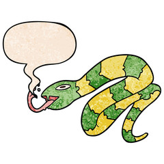 cartoon hissing snake and speech bubble in retro texture style