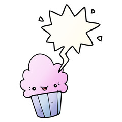 cartoon cupcake and face and speech bubble in smooth gradient style