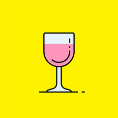 Simple wine glass line icon. Pink wineglass outline symbol isolated on yellow background. Vector illustration.