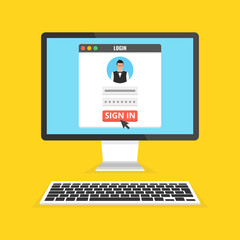 Sign in page on computer display screen. Male avatar. Flat cartoon style. Vector illustration.