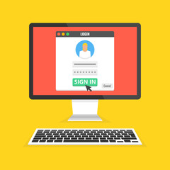 Sign in page on computer display screen. Female avatar. Flat cartoon style. Vector illustration.