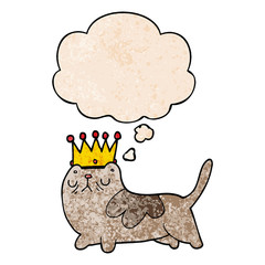 cartoon arrogant cat and thought bubble in grunge texture pattern style