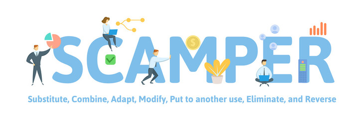Fototapeta premium SCAMPER. Concept with people, keywords and icons. Flat vector illustration. Isolated on white background.
