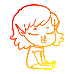 warm gradient line drawing pretty cartoon elf girl sitting