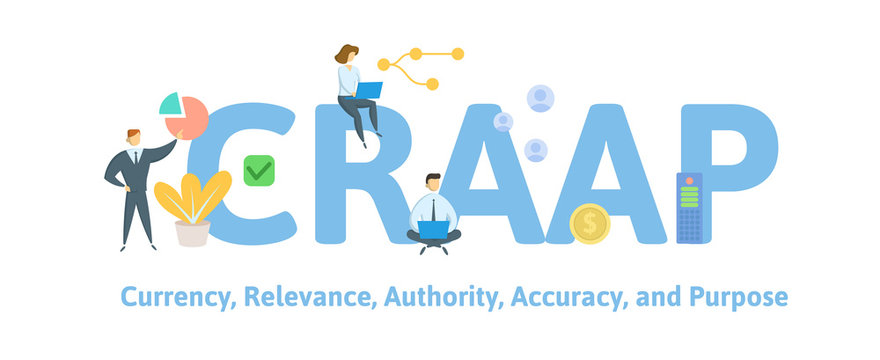 CRAAP, Currency, Relevance, Authority, Accuracy, and Purpose. Concept with people, keywords and icons. Flat vector illustration. Isolated on white background.
