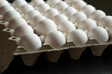 White eggs in pulp paper egg tray. White eggs in recycable pulp egg tray