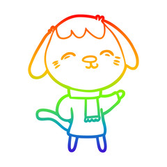 rainbow gradient line drawing happy cartoon dog in winter clothes