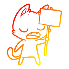 warm gradient line drawing talking cat cartoon with placard