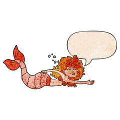 cartoon mermaid and speech bubble in retro texture style