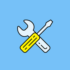 Workshop tools line icon. Spanner and yellow screwdriver symbol isolated on blue background. Maintenance repair sign. Vector illustration.