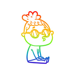 rainbow gradient line drawing cartoon woman wearing glasses