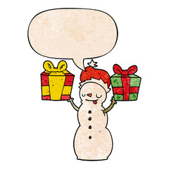 cartoon snowman and present and speech bubble in retro texture style